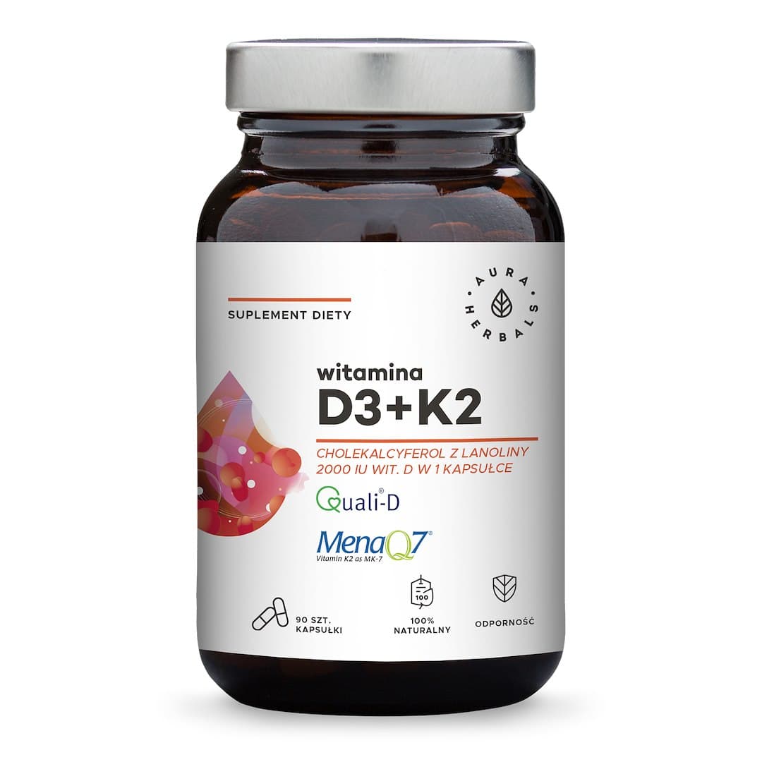 Aura Herbals - Vitamin D3+K2 50 mcg/100 mcg cápsulas – Aura Herbals empaque
