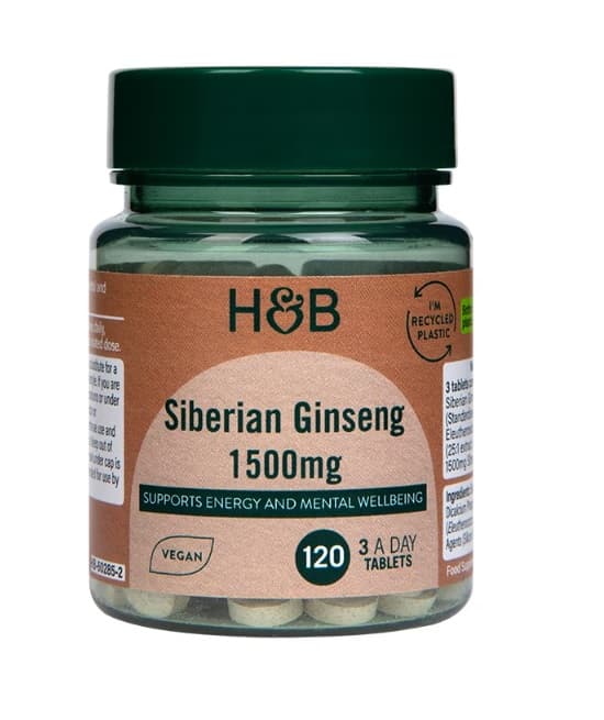 Holland & Barrett Sibirisk Ginseng 1500mg - 120 Veganska Tabletter – Holland & Barrett förpackning