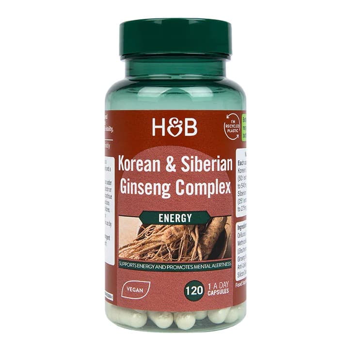 Holland & Barrett Korean & Siberian Ginseng Complex - 120 vegetariska kapslar – Holland & Barrett förpackning
