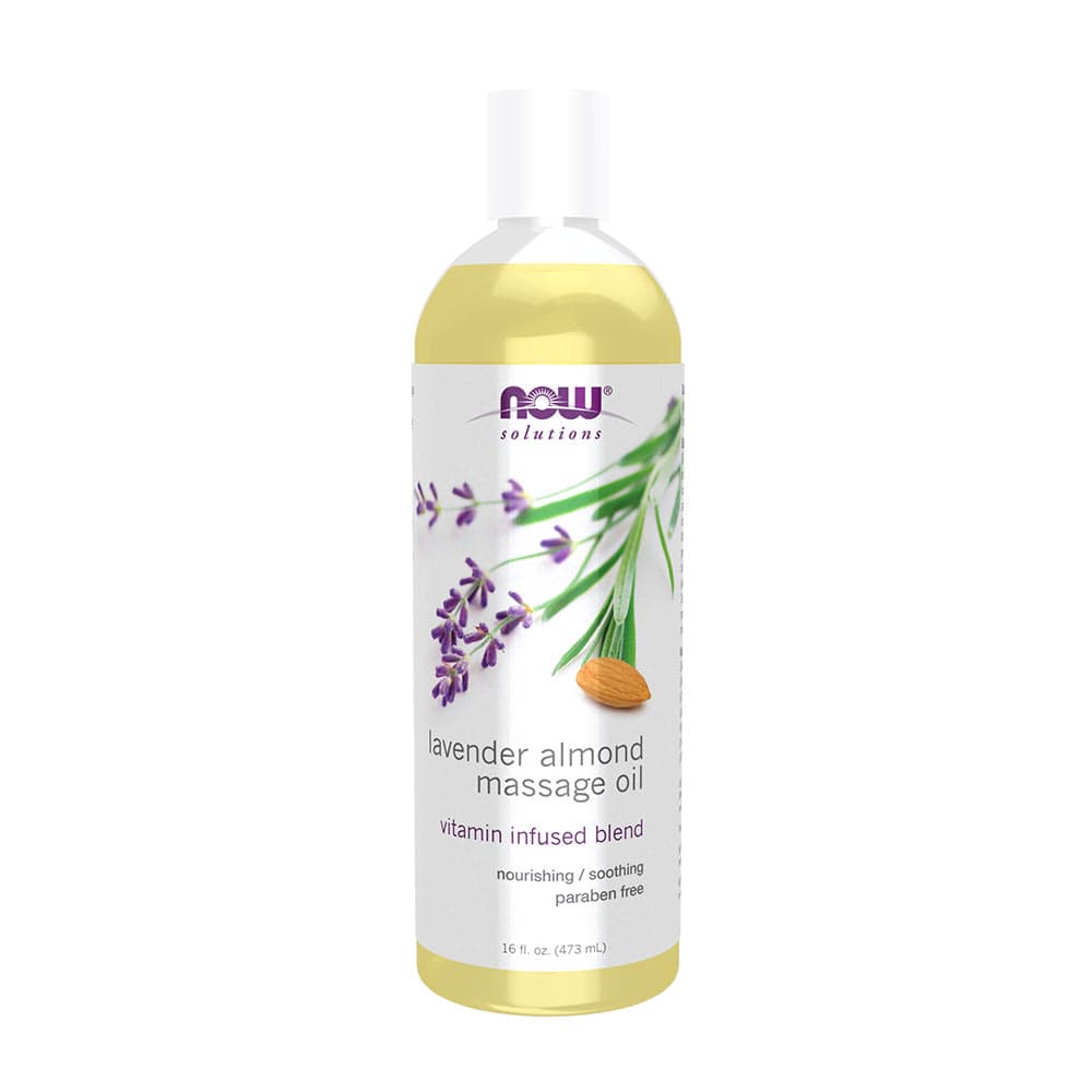NOW Foods Lavendel Mandel Massageolja 473 ml – NOW Foods förpackning