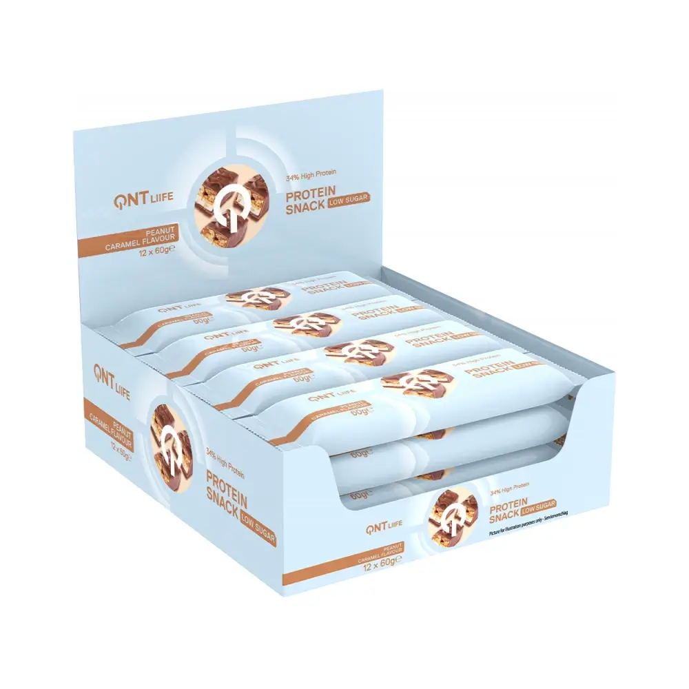 QNT Life Protein Snack Jordnöt Karamell 12x60g – QNT förpackning