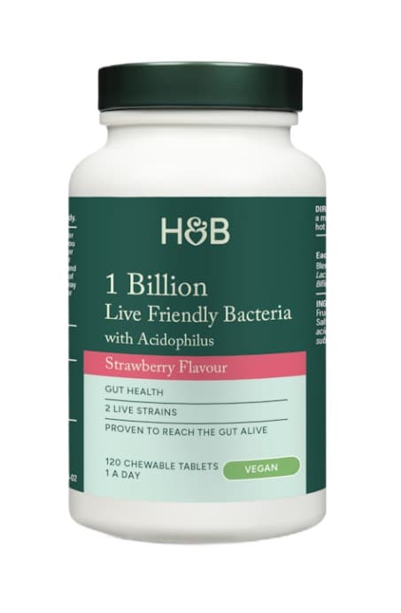 Holland & Barrett - 1 Billion Live Friendly Bacteria With Acidophilus - Jordgubb - 120 Gummies – Holland & Barrett förpackning