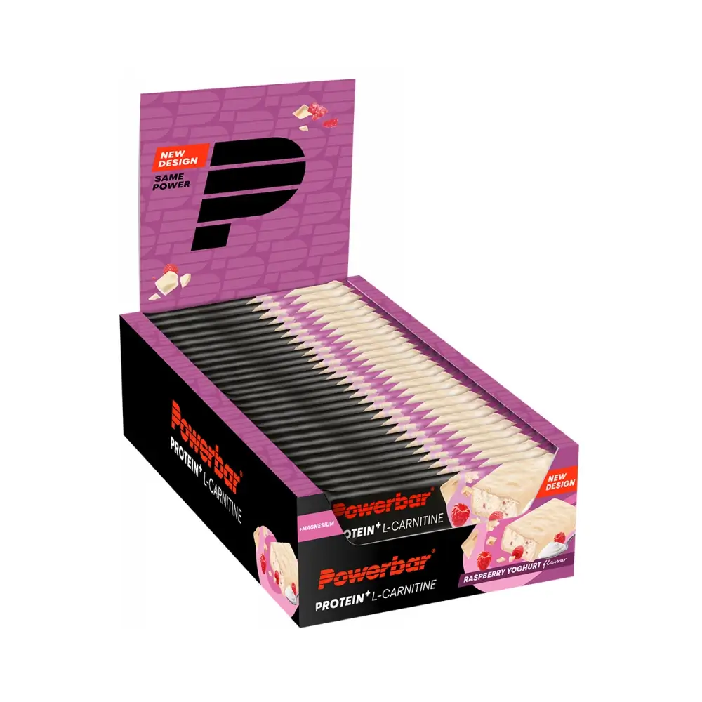Powerbar Protein Plus + L-Carnitine Bar 30x35g Hallon Yoghurt – Powerbar förpackning