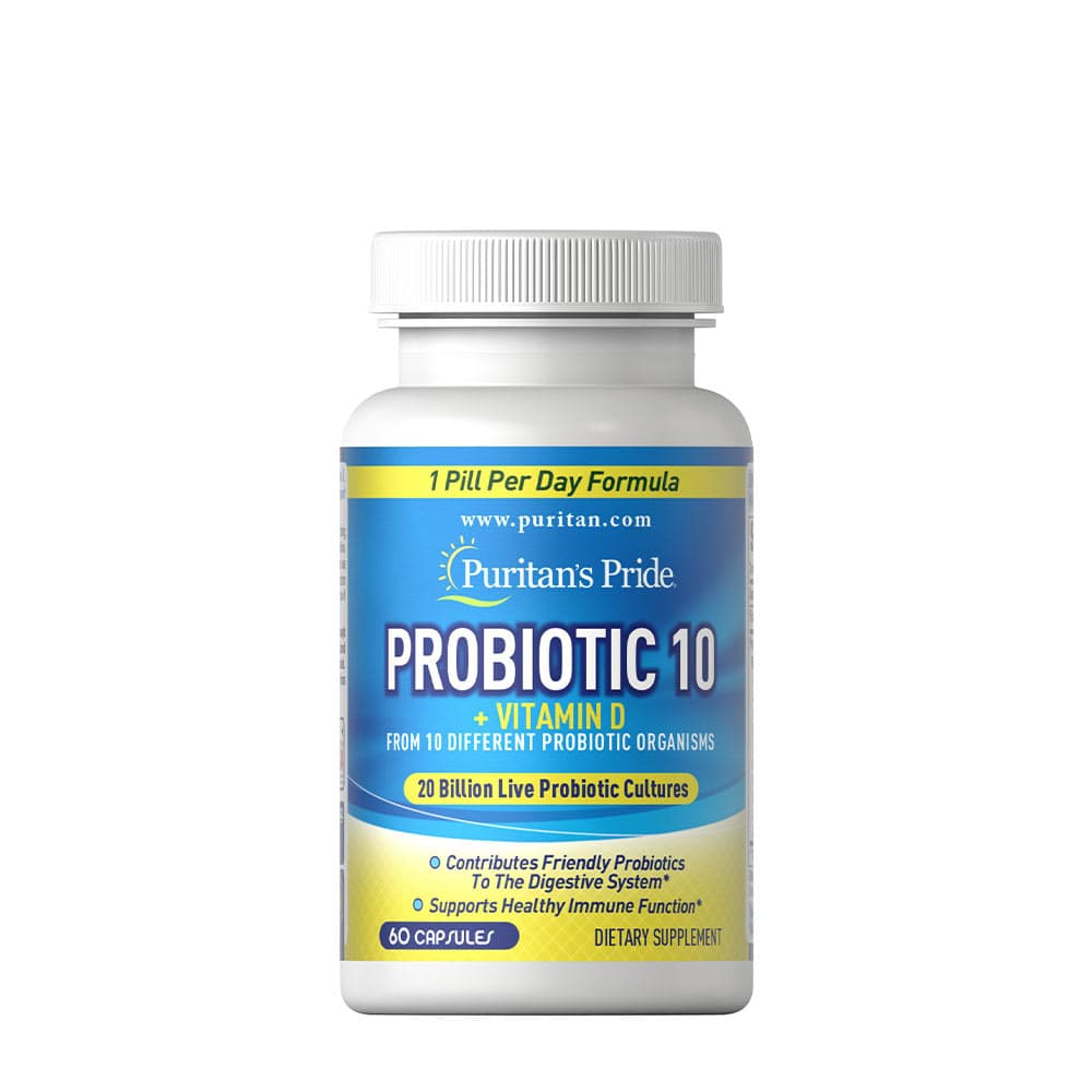 Puritan's Pride Probiotic 10 + Vitamin D - 60 vegetariska kapslar – Puritan's Pride förpackning