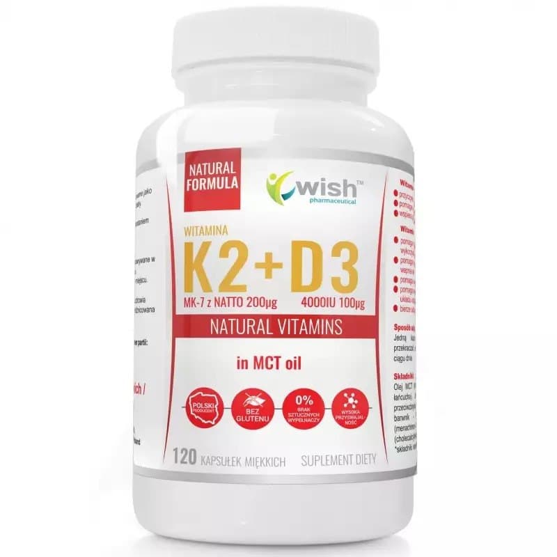 Wish Witamina K2MK-7 200µg + D3 100µg 4000IU met MCT-olie 120 capsules – Wish verpakking