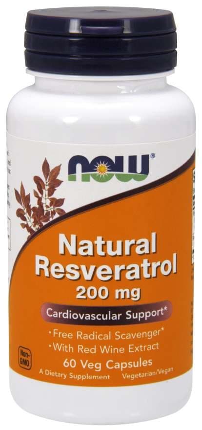 NOW Foods Natural Resveratrol 200 mg, 60 vegetabiliska kapslar – NOW Foods förpackning