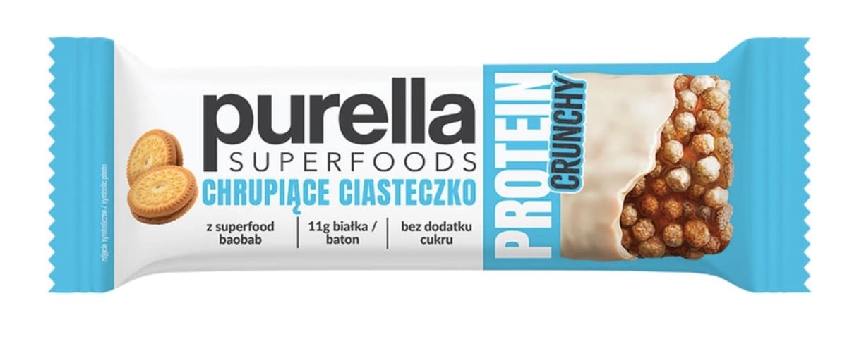 Purella Superfoods Protein Bar baton proteinowy chrupiące ciasteczko 45g – Purella förpackning