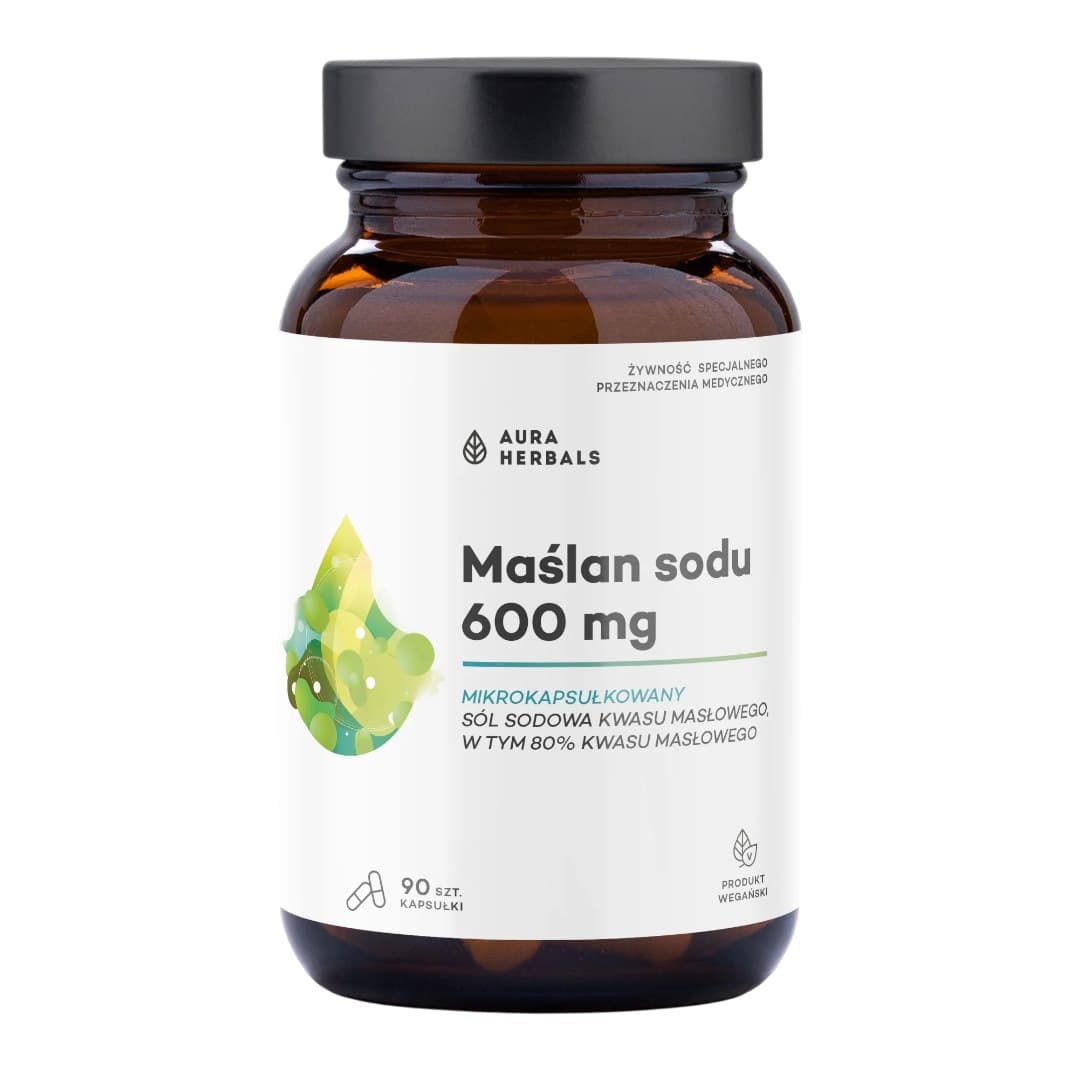 Aura Herbals - Sodium Butyrate - 600mg, 90 kapslar – Aura Herbals förpackning