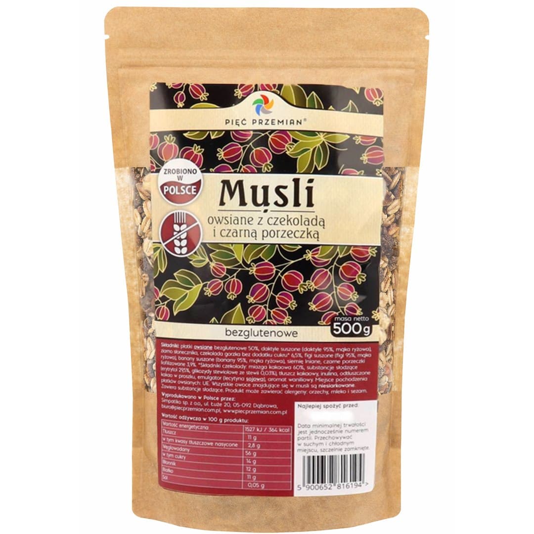 Pięć Przemian - Havremüsli au chocolat et cassis - 500g – Pięć Przemian packaging