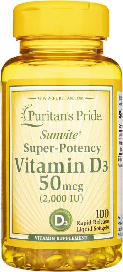 Puritan's Pride Super Potency Vitamina D3 50µg 2000iu 100 kapslar – Puritan's Pride förpackning