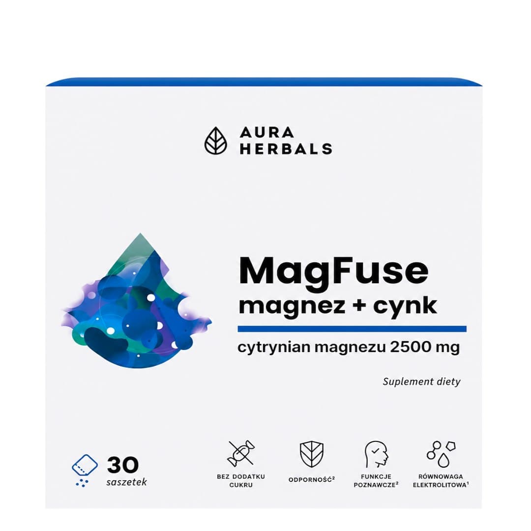 Aura Herbals - Magfuse: Magnez + Cynk, Proszek 30 Porcji – Aura Herbals opakowanie