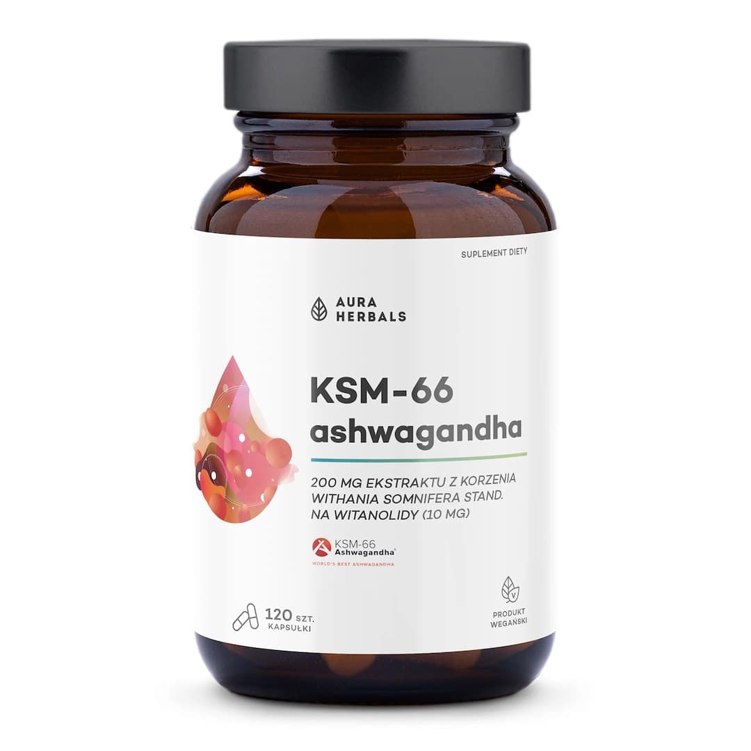 Aura Herbals - Ashwagandha KSM-66 Rotextrakt 200 mg (120 kapslar) – Aura Herbals förpackning