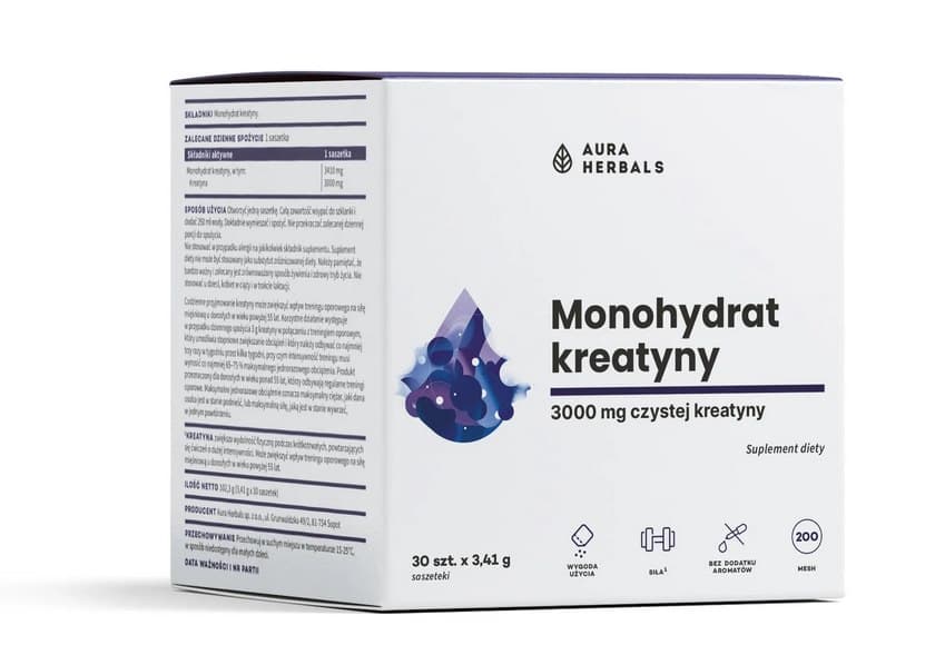 Aura Herbals Kreatinmonohydrat 3,41g - 30 Påsar – Aura Herbals förpackning