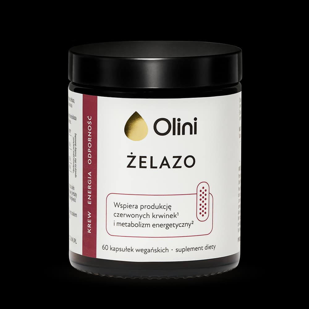 Olini IJzer met vitamine C, lactoferrine en foliumzuur – 60 veganistische capsules – olini packaging