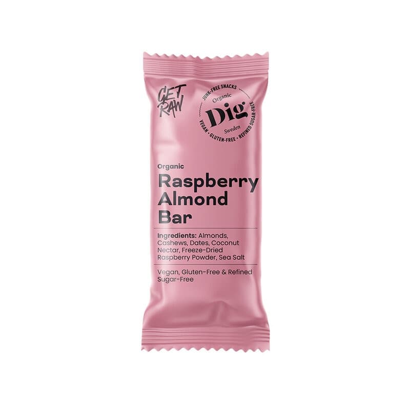 Organic Bar Raspberry & Almond 42g | Dig – Dig förpackning