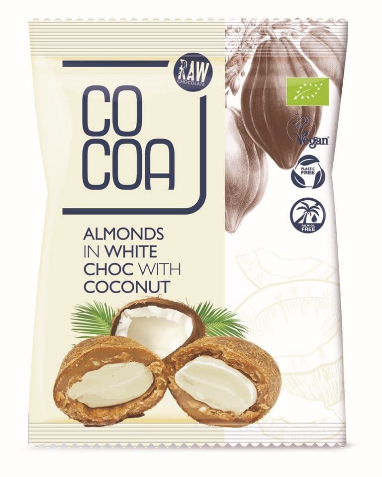 COCOA - Almonds in White Chocolate with Coconut - 70g – COCOA förpackning