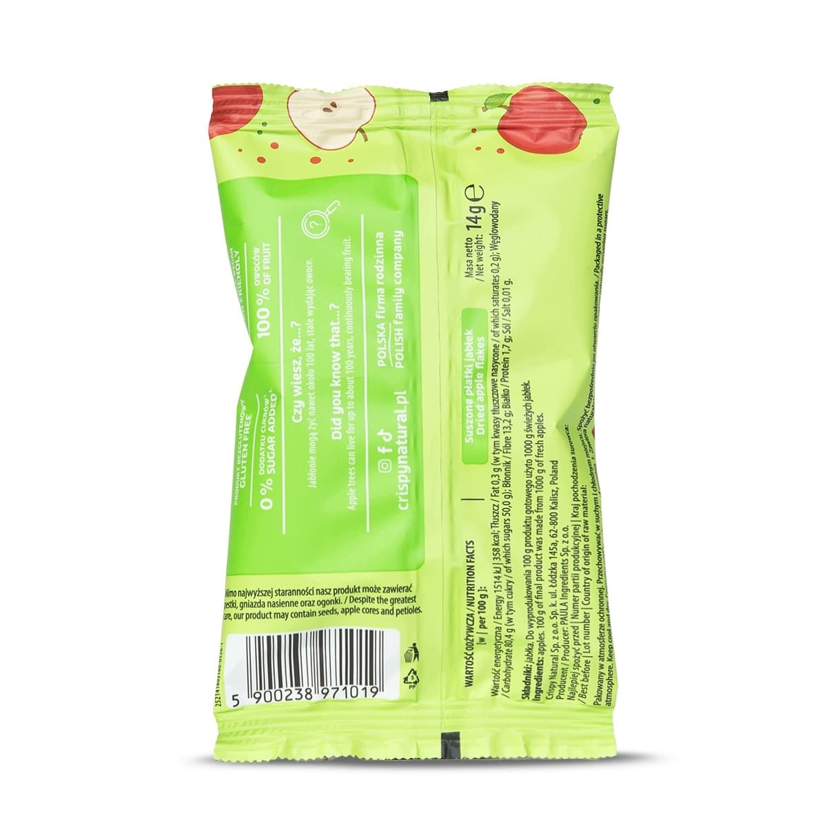 Getrocknete Apfelscheiben 14 g – Crispy Natural Verpackung