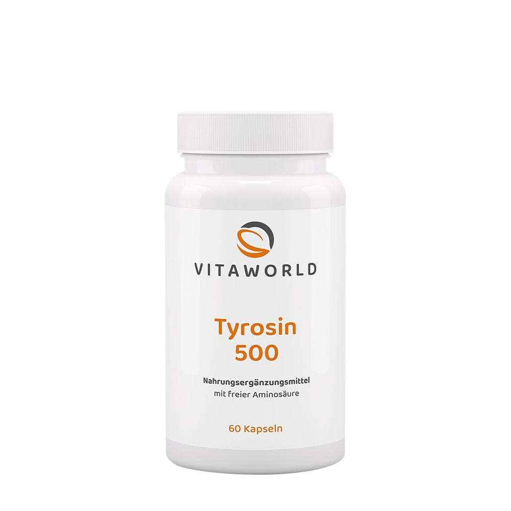 Vitaworld Tyrosine 500 mg - 60 pflanzliche Kapseln – Vitaworld Verpackung