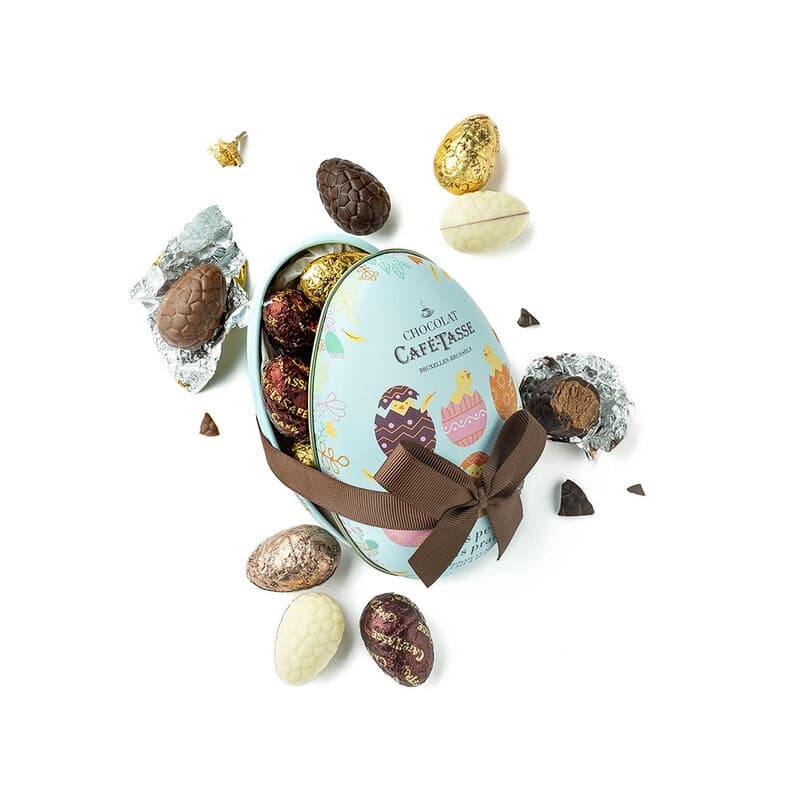 Påskägg i plåt med chokladpralinägg | Café Tasse – Café Tasse förpackning