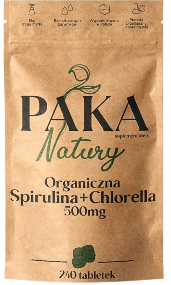 Paka Natury Organische Spirulina + Chlorella 500 mg 240 tabletten – Paka Natury verpakking