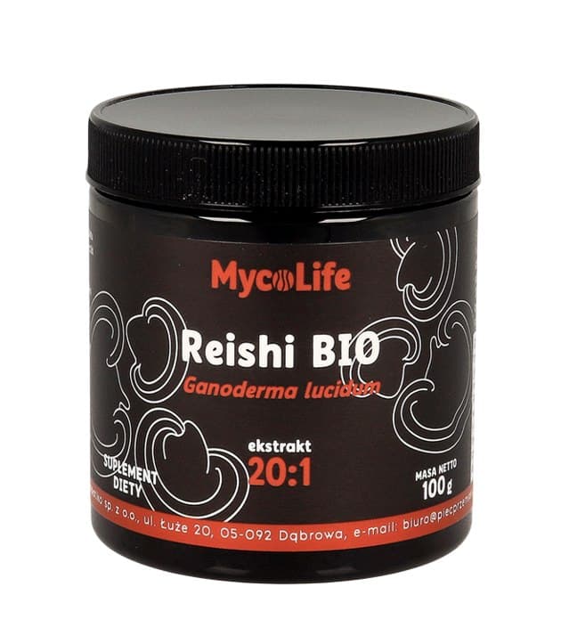 MycoLife - Reishi svampextrakt BIO 20:1 pulver 100g MYCOLIFE – MycoLife förpackning