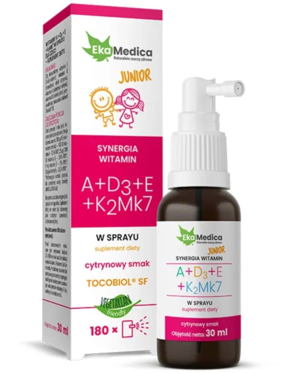 EkaMedica Synergia Witamin Junior A+D3+E+K2Mk7 spray 30ml sabor limão – Eka Medica embalagem