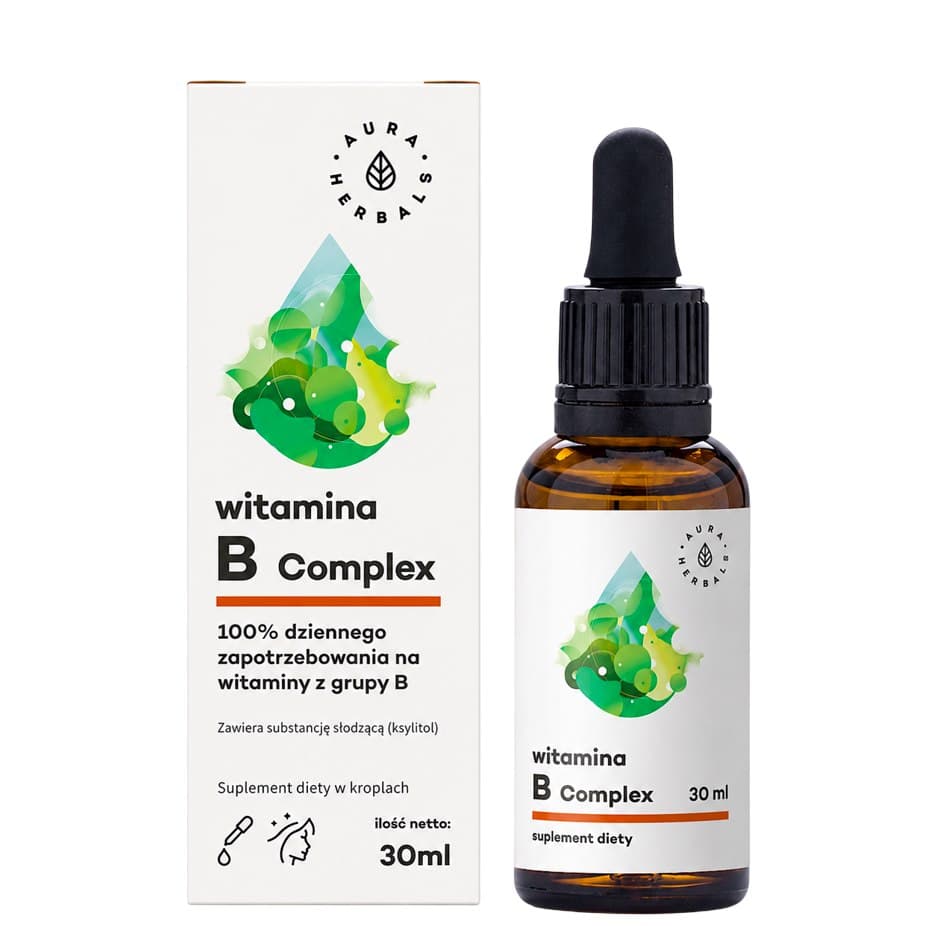 Aura Herbals - B-vitaminkomplex droppar - 30ml – Aura Herbals förpackning