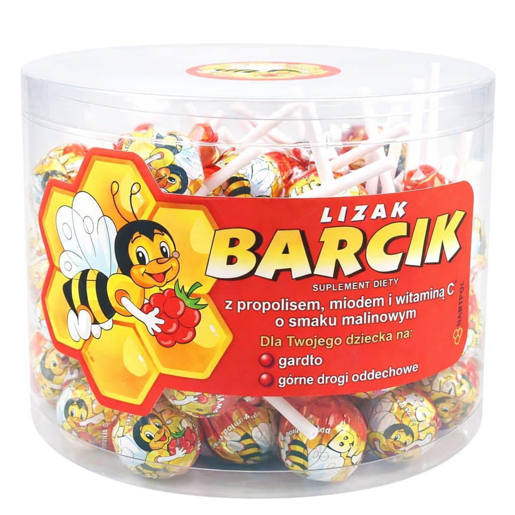 Lizak Barcik - Propolis, Honung & Vitamin C Halstabletter Hallon 60 st – Lizak Barcik förpackning