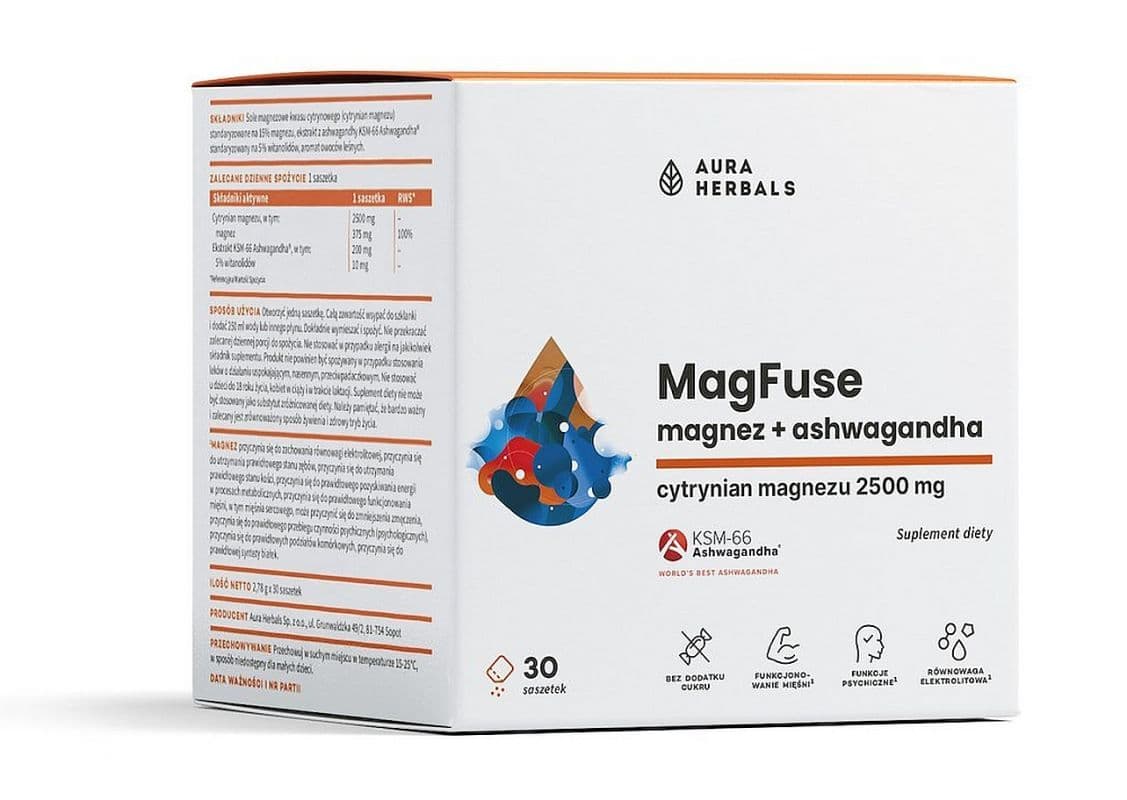 Aura Herbals Magfuse – Magnesium och Ashwagandha, 30 påsar