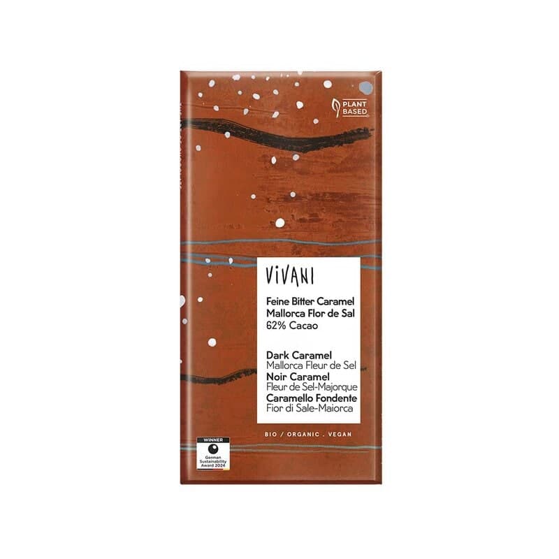 Dunkle Vegane Schokolade Karamell & Mallorca Fleur de Sel 80g – Vivani Verpackung