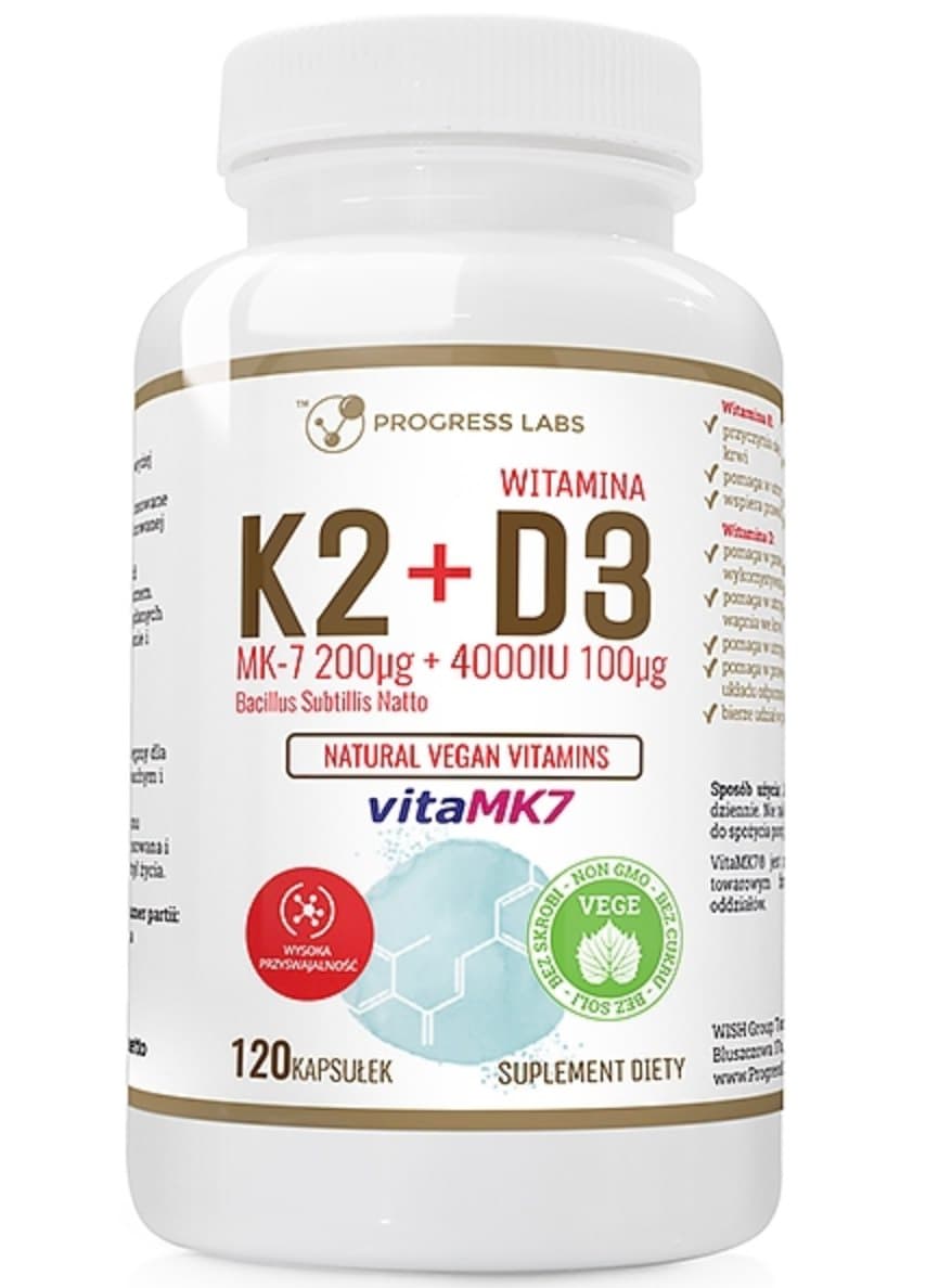 Progress Labs Wegańska K2 MK-7+ D3 4000IU+ L-leucyna 120 kapsułek – Progress Labs packaging