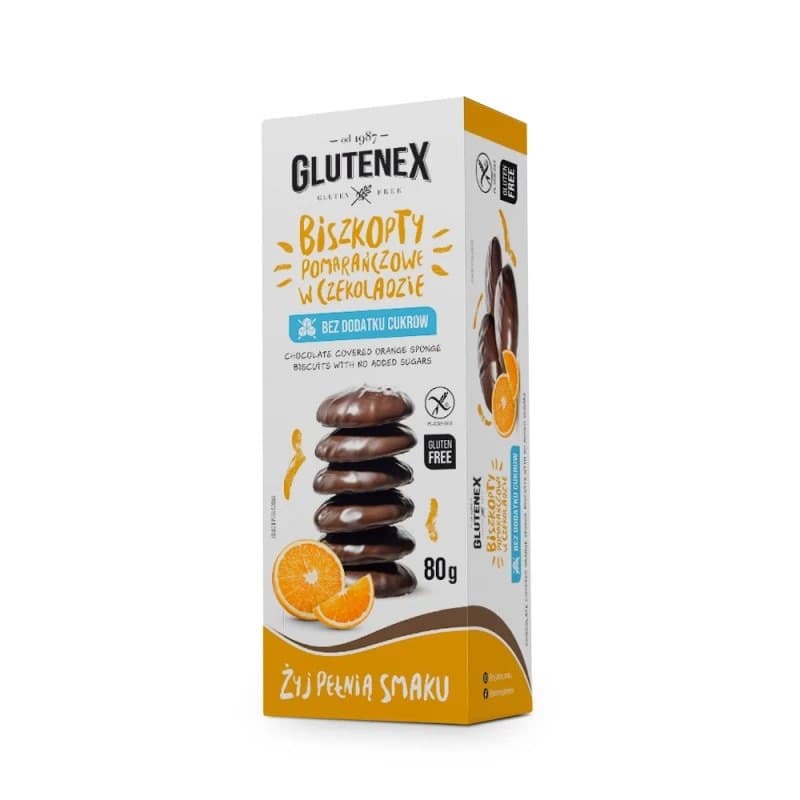 Glutenex Biszkopty Pomarańczowe W Czekoladzie uden tilsat sukker 80 g | Bio Planet