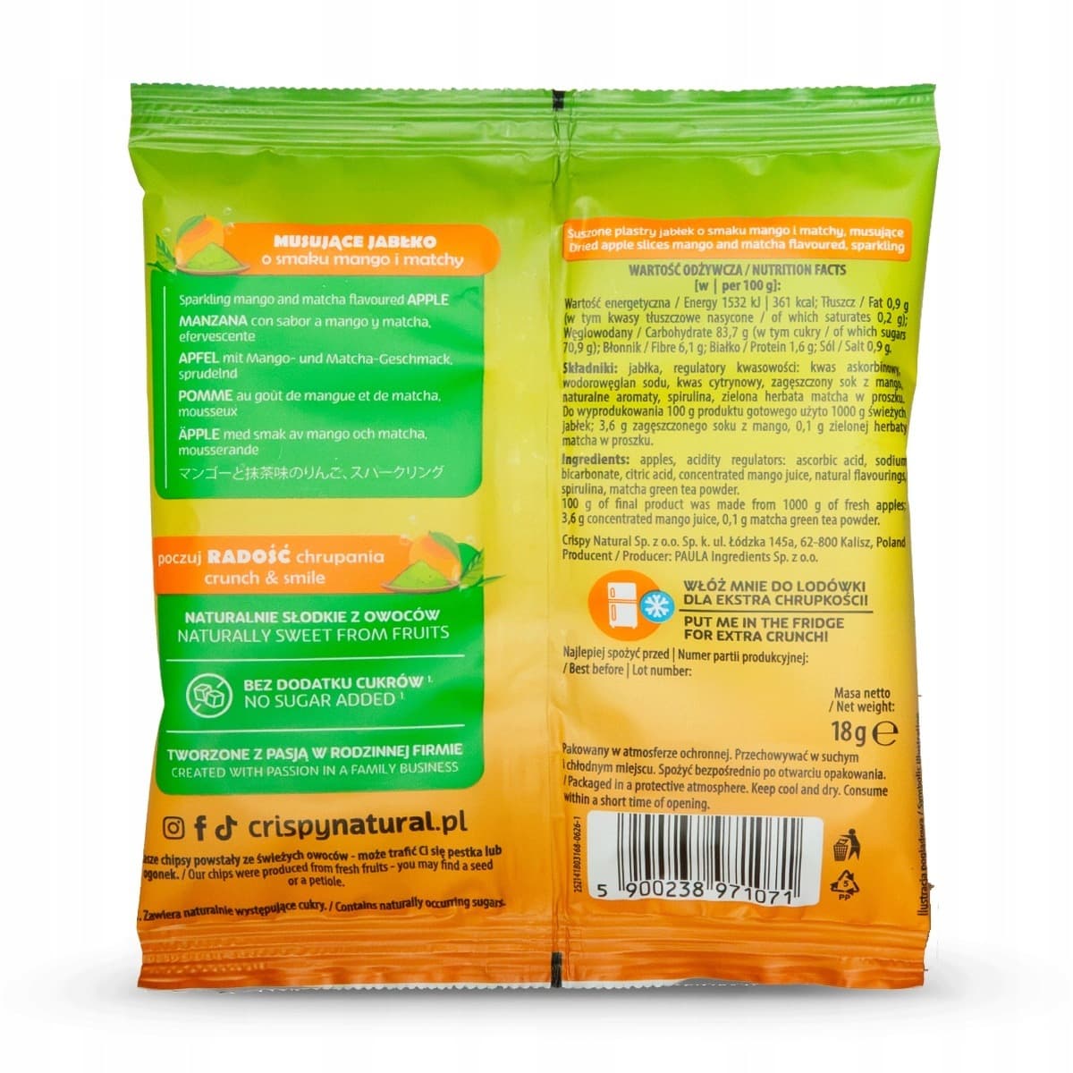 Getrockneter Apfel mit Mango & Matcha, prickelnde Scheiben 18 g – Crispy Natural Verpackung