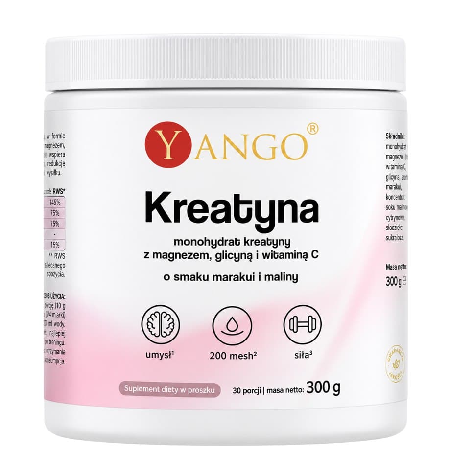 YANGO Creatina 200 Mesh con magnesio, glicina e vitamina C, frutto della passione & lampone, 300g