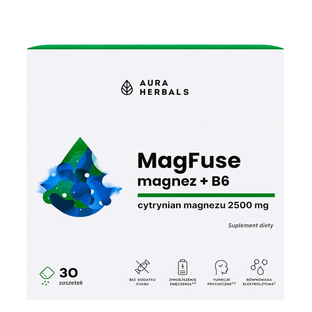 Aura Herbals - Magfuse Magnésio + B6 - 30 Saquetas (Saches) – Aura Herbals packaging