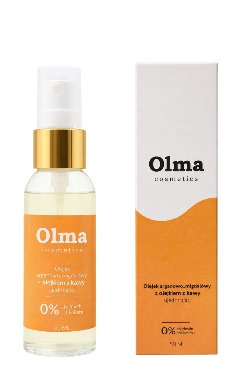 Olma Cosmetics - Argan- en amandelolie met koffieolie 50ml – Olma Cosmetics packaging
