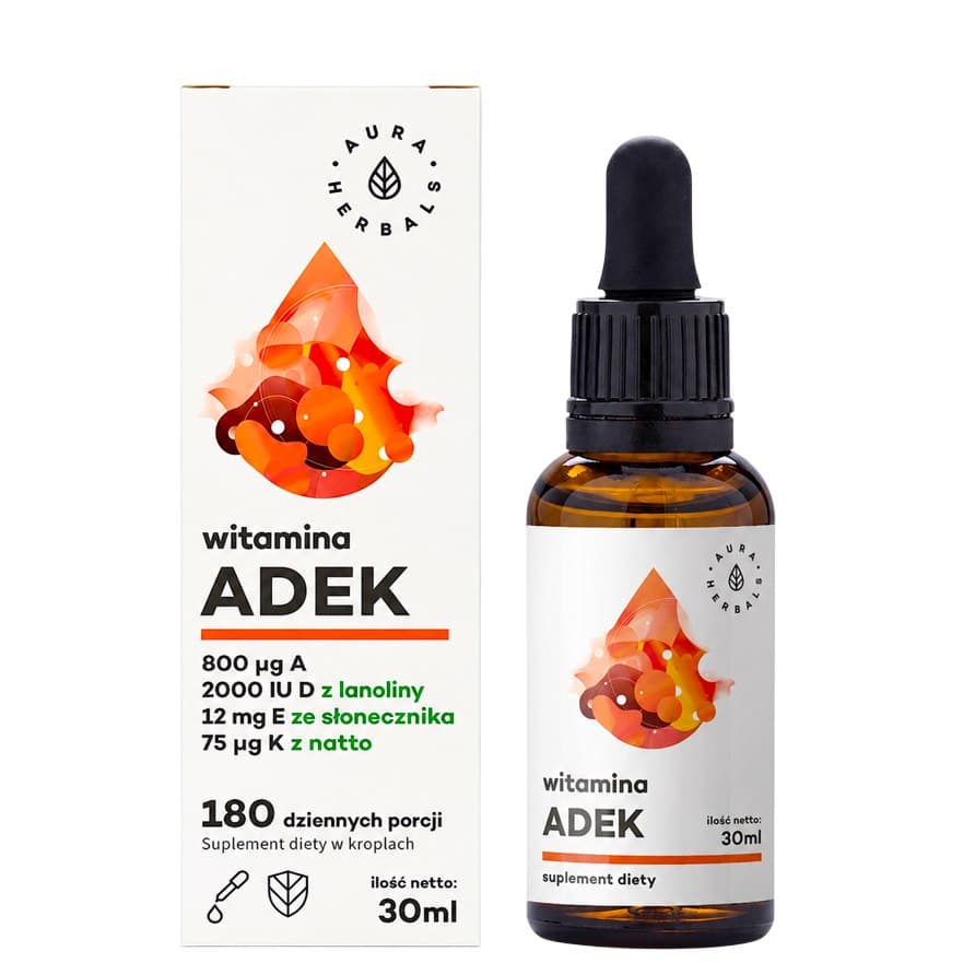 Aura Herbals - A + D3 2000IU + E + K2 - 30ml – Aura Herbals förpackning