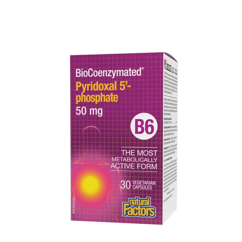 Natural Factors - Biocoenzymated Pyridoxal 5'-Phosphate B6 50mg - 30 vegetariska kapslar – Natural Factors förpackning