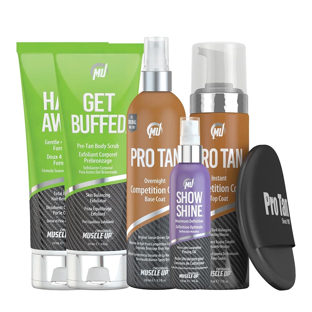 Pro Tan - Male Competitor Kit - Varias Tallas (Exfoliante 237ml, Base Coat 250ml, Shine 118ml, Top Coat 9ml) – Pro Tan empaque