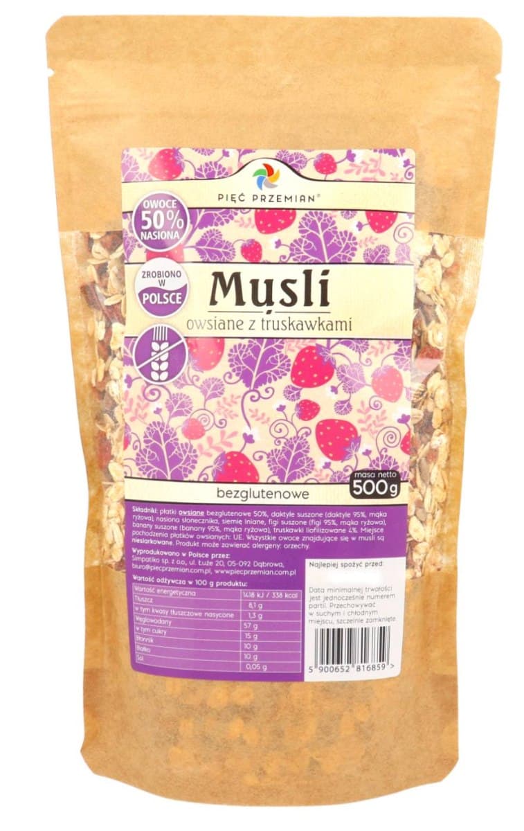 Pięć Przemian - Glutenfri Havremüsli med Jordbær 500g – Pięć Przemian confezione