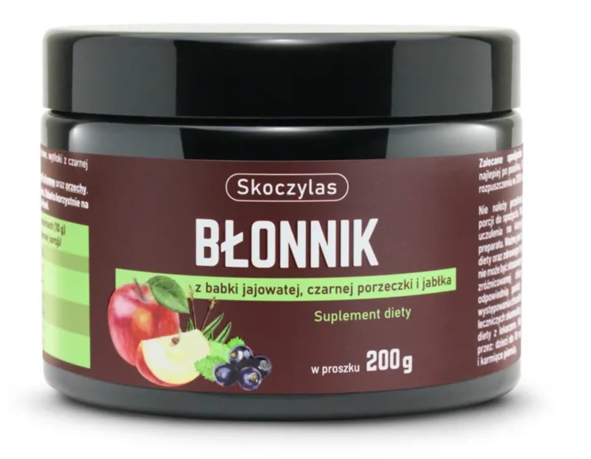 Skoczylas Błonnik mit Flohsamenschalen, schwarzen Johannisbeeren und Apfel Pulver 200 g – Skoczylas Verpackung