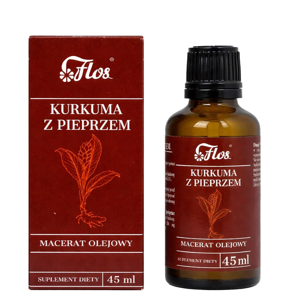 FLOS Kurkuma med svartpeppar – Oljemacerat 45 ml – Flos förpackning