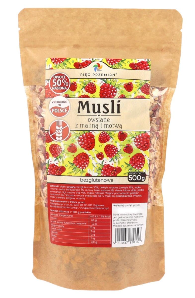 Pięć Przemian - Glutenfri Havremüsli med Hallon & Mullbär 500g