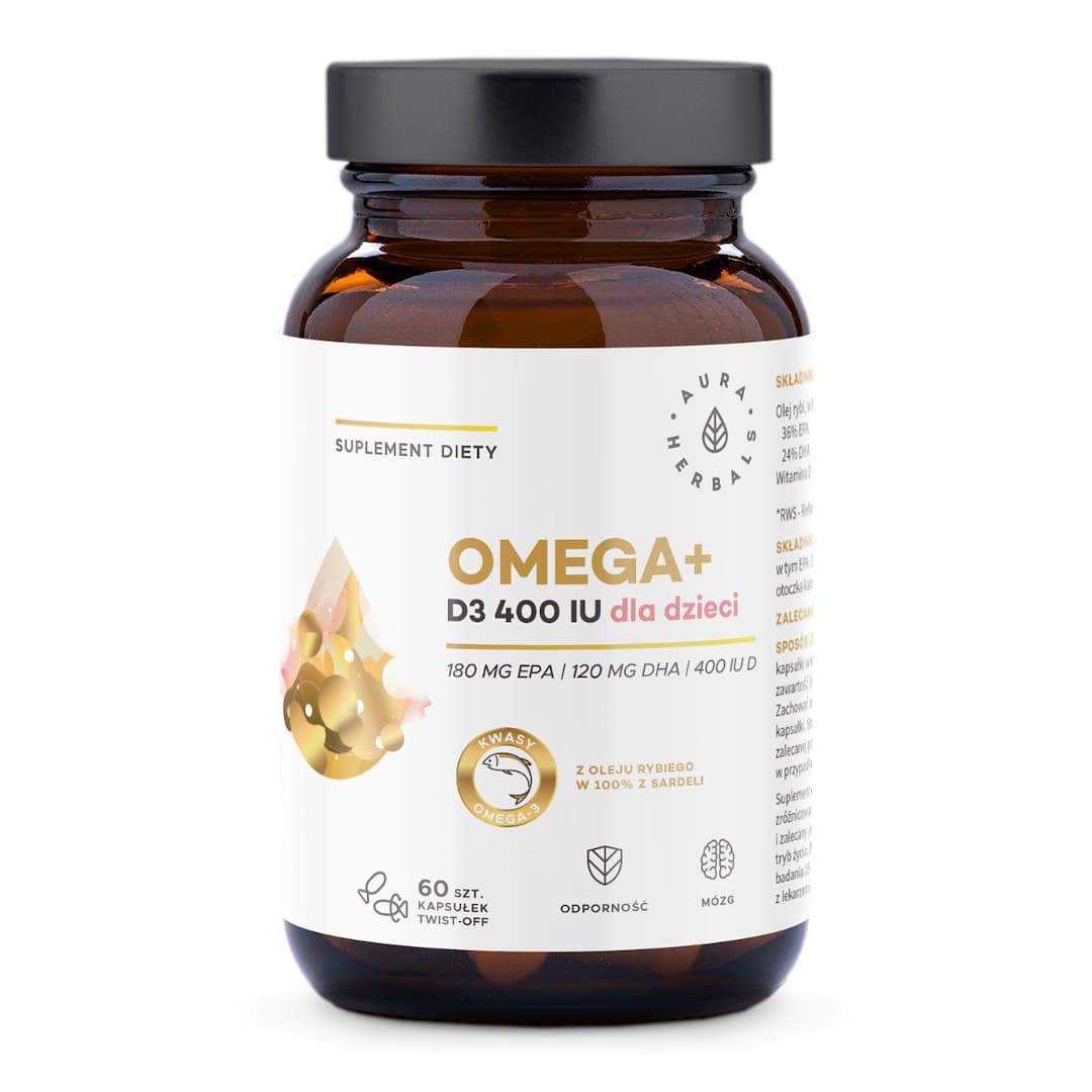 Aura Herbals Omega+ Vitamina D3 400 IU para crianças | 60 cápsulas twist-off