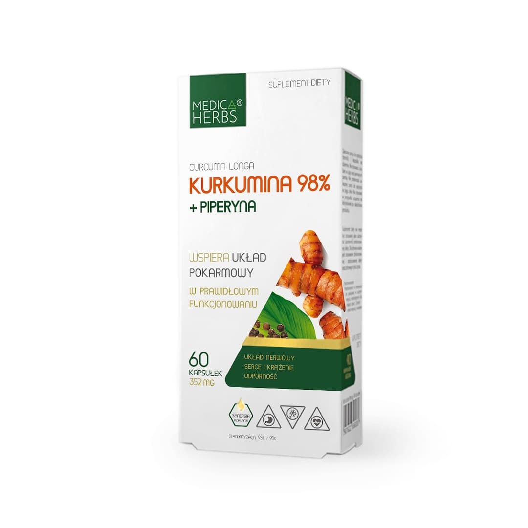 Medica Herbs - Kurkumina 98% + Piperyna - 60 kapsułek – Medica Herbs opakowanie