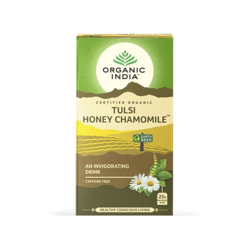 Tulsi Honey Kamille 25 poser – Organic India emballage