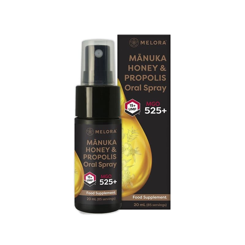 Spray oral de Mel Manuka & Própolis 525MGO 20ml – Melora embalagem