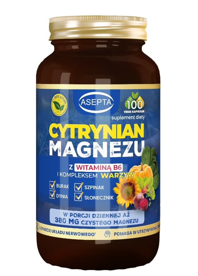 Asepta - Magnesium Citrate With Vitamin B6 And Vegetable Complex - 100 Vege Kapslar – Asepta förpackning