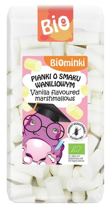 Biominki - Biologische Glutenvrije Vanille Marshmallows 100g – Biominki verpakking