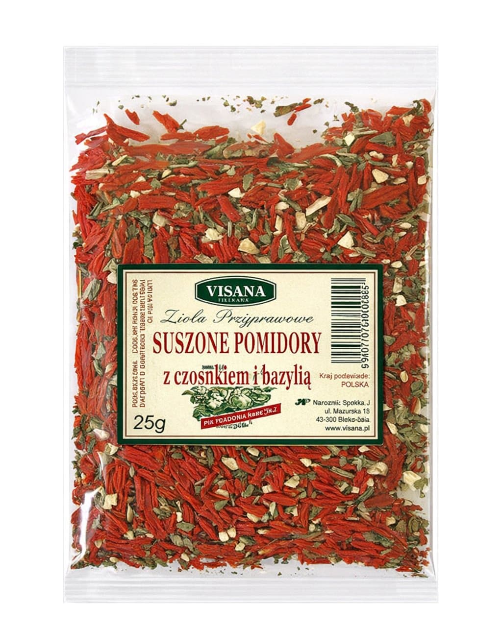 Visana - Suszone Pomidory z Czosnkiem i Bazylią - 25g – Visana opakowanie